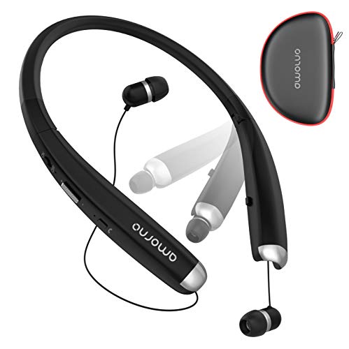 Product Cover Foldable Bluetooth Headphones, AMORNO Wireless Neckband Sports Headset with Retractable Earbuds, Sweatproof Noise Cancelling Stereo Earphones with Mic (Black)