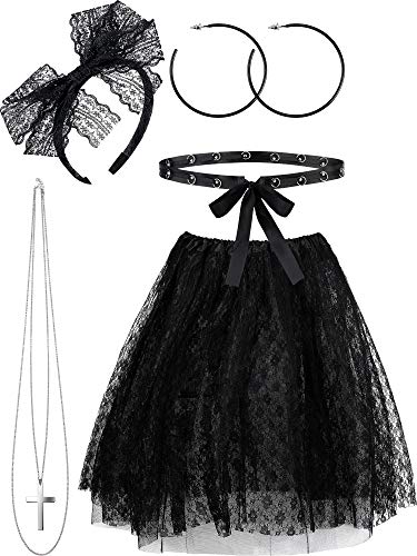 Product Cover 5 Pieces 80s Costume Sets, Women's 80s Lace Pop Star Fancy Accessories Set, Lace Tutu Skirt Outfits for Retro Party