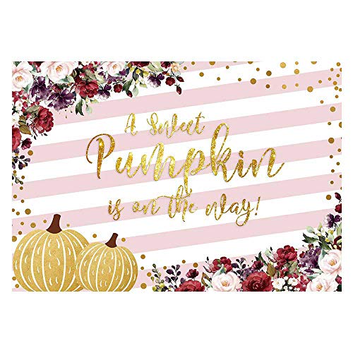 Product Cover Funnytree 7x5ft Floral Pumpkin Baby Shower Party Backdrop Pink White Stripes Flower Princess Sweet Girl Photography Background Autumn Gold Glitter Polka Dots Cake Table Decoration Banner Photo Booth
