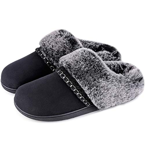 Product Cover LongBay Women's Fluffy Fur Collar Slippers Comfortable Micro Suede Memory Foam House Shoes with Embroidery Wool Felt Decor (Medium / 7-8 B(M), Black)