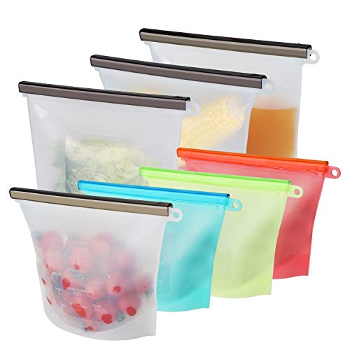 Product Cover Silicone Storage Bag - Reusable Kitchen, Travel, Sous Vide Food Prep Containers - Airtight, Space-Saver, Smell and Leak Proof Bags - 3 1.5L Large: Clear, 4 1L Medium: Green, Red, Blue, White