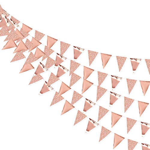 Product Cover 30 Ft Rose Gold Double Sided Glitter Metallic Paper Triangle Flag Pennant Bunting Banner for Wedding Birthday Holiday Festivals Anniversary Bridal Shower Hen Party Theme Party Decorations Supplies