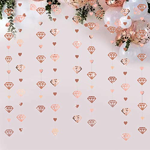 Product Cover 52Ft Rose Gold Diamond Heart Hanging Banner Double Sided Glitter Metallic Paper Garland for Bachelorette Engagement Wedding Bridal Shower Anniversary Valentines Day Birthday Party Decoration (4 Packs)