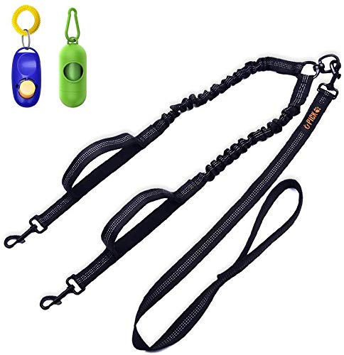 Product Cover Dual Dog Leash,Double Dog Leash,360°Swivel No Tangle Double Dog Walking & Training Leash,Comfortable Shock Absorbing Reflective Bungee for Two Dogs with waste bag dispenser and dog training clicker