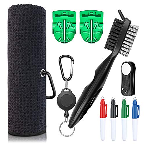 Product Cover XAegis GT13 Golf Towel and Brush to Clean Golf Club with Magnet Divot Tool,Golf Ball Liners,Sharpie pens - 9 in 1 Golf Accessories,Black