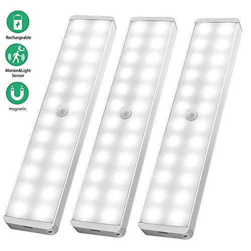 Product Cover LED Closet Light, 24-LED Newest Version Rechargeable Motion Sensor Closet Light Under Cabinet Wireless Stick-Anywhere Night Light Bar with Large Battery for Stairs,Wardrobe,Kitchen,Hallway (3 Packs)