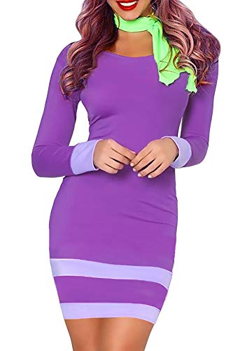 Product Cover Women Halloween Adult Costume Long Sleeve Bodycon Cosplay Sexy Mini Dress Purple S