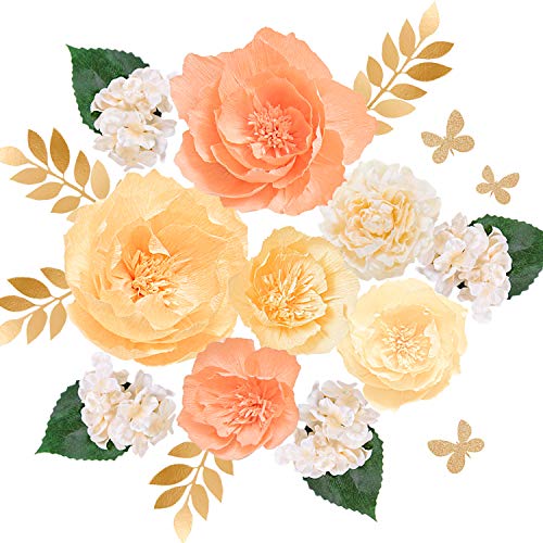 Product Cover Ling's moment Paper Flower Decorations Set of 10(8''-5''), Handcrafted Crepe Peony Silk Hydragnea for Wall, Baby Nursery, Wedding Backdrop, Bridal Shower Centerpiece, Monogram Sign(Coral, Peach)