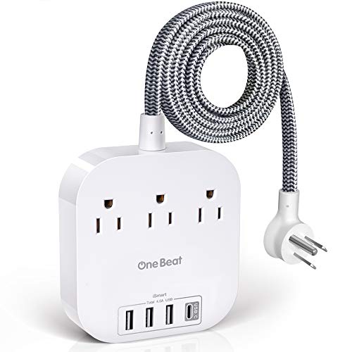 Product Cover Power Strip with USB C, 3 Outlets 4 USB Ports 4.5A Desktop Charging Station, Travel Power Strip Flat Plug and 5ft Braided Extension Cord for Cruise Ship, Home & Office - White