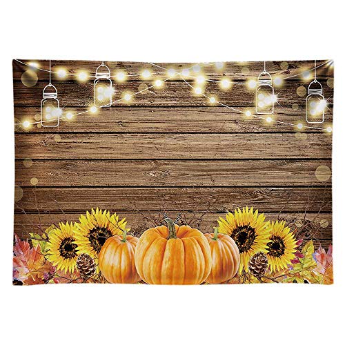 Product Cover Funnytree 7x5ft Durable Fabric Autumn Thanksgiving Theme Party Backdrop No Wrinkles Rustic Wooden Floor Fall Harvest Pumpkins Photography Background Sunflower Retro Wood Decoration Banner Photo Booth