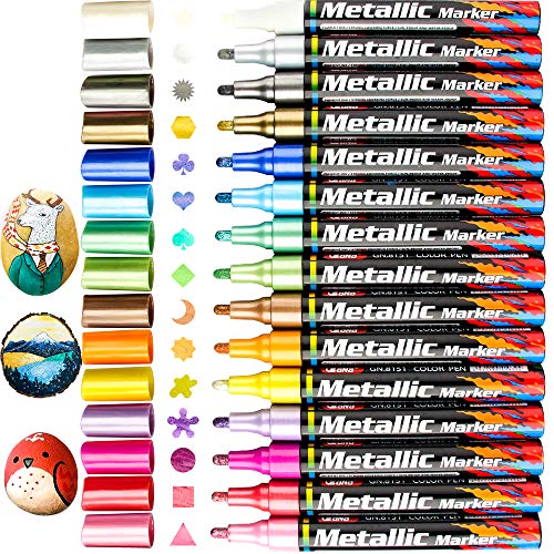 Product Cover 15 Color Assorted Metallic Marker Pens, 3mm Tip Sheen Glitter Painting Pen Card Making,Birthday Greeting,DIY Photo Album,Scrap booking,Rock Painting,Mug,Calligraphy