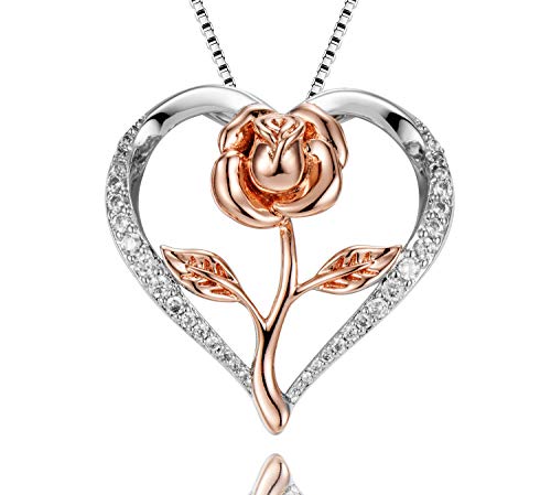 Product Cover Klurent Heart Rose Pendant Necklace, 14K White Gold and Rose Gold 5A Cubic Zirconia Rose Flower Necklace Jewelry with Gift Box for Women Mom Girlfriend Wife