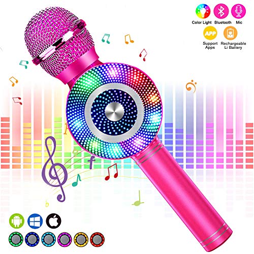 Product Cover FishOaky Wireless Bluetooth Karaoke Microphone, Portable Kids Microphone Karaoke Player Speaker with LED & Music Singing Voice Recording for Home KTV Kids Outdoor Birthday Party (Rose Red 01)
