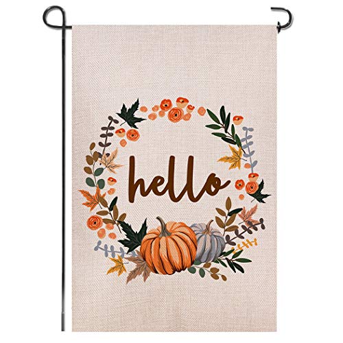 Product Cover Shmbada Hello Fall Thanksgiving Day Welcome Double Sided Burlap Garden Flag, Premium Material, Seasonal Holiday Outdoor Decorative Small Flags for Home House Garden Yard Lawn Patio, 12.5 x 18.5 inch