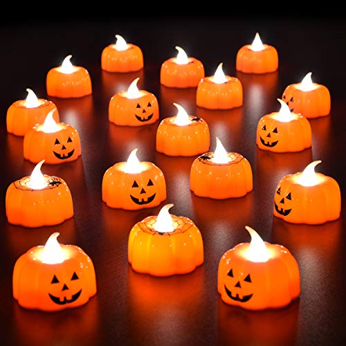 Product Cover 18PCs Halloween party favors 3D Pumpkin Flameless Candle Battery Operated LED Candle for Halloween Decorations,Themed Party Supplies,1.9