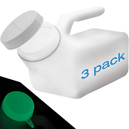 Product Cover Urinals for Men Glow in The Dark Lid by Tilcare (3 Pack) - 32oz/1000mL Thick Plastic Mens Bedpan Bottle with Screw-on Lid - Spill Proof Urinary Chamber - Male Portable Travel Pee Bottles