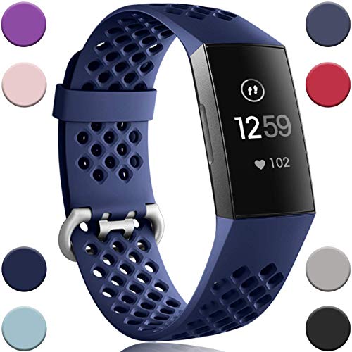 Product Cover Wepro Bands Waterproof Replacement Compatible Fitbit Charge 3 for Women Men, Breathable Holes Watch Sport Strap Accessories for Fitbit Charge 3 SE Fitness Tracker, Large,Navy Blue