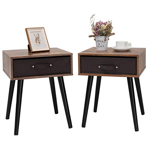 Product Cover IWELL Mid-Century Nightstand Set of 2, Wooden End Table with Drawer, Side Table for Small Spaces & Bedroom, Solid Wood Legs Decent Furniture, Rustic Brown BZX005F2
