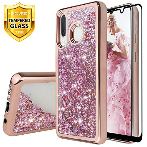 Product Cover TJS Case for Samsung Galaxy A20/Galaxy A30/Galaxy A50, with [Full Coverage Tempered Glass Screen Protector] Bling Glitter Sparkle Liquid Infused Stars Moving Quicksand Phone Cover (Rose Gold)