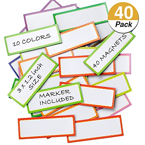 Product Cover 40 Pieces Magnetic Dry Erase Labels and Stickers, Favourde Writable Flexible Magnet Name Plate Labels Use for Whiteboard Magnets, Fridge and Classroom Behavior Chart,10 Colors (3 x 1.2 Inch)