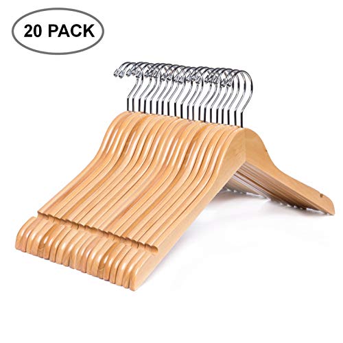 Product Cover Amber Home Solid Gugertree Wooden Shirt and Dress Clothes Hangers with Chrome Hook, Glossy Natural Smooth Finished 20 Pack (Natural 20)