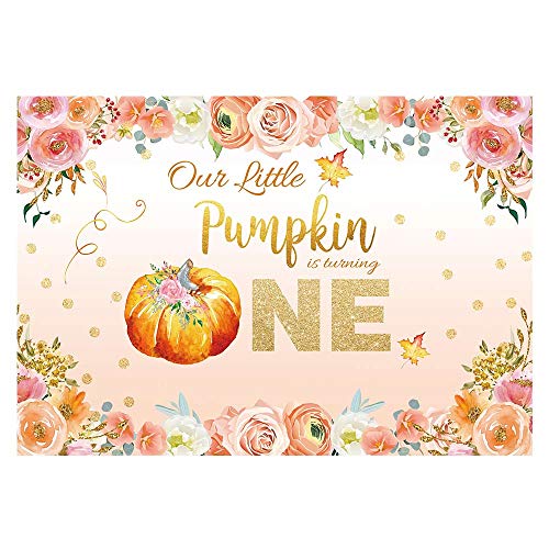 Product Cover Funnytree 7x5ft Little Pumpkin is Turning One Backdrop Floral Princess Baby Girl 1st First Birthday Party Photography Background Autumn Glitter Dots Flower Cake Table Decoration Banner Photo Booth