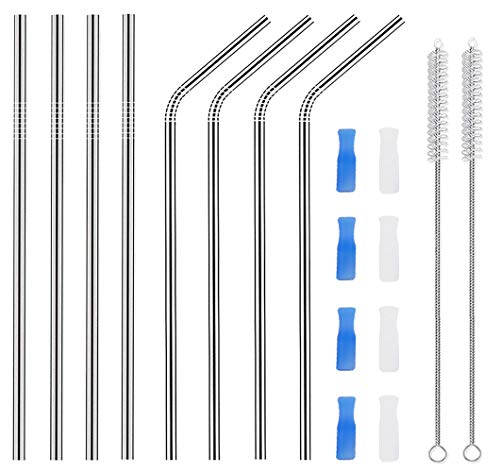 Product Cover Reusable Stainless Steel Metal Straws - CCIGA Set of 8 Ultra Long 10.5 Inch 6mm Wide Drinking Straws for 30oz YETI Tumblers - 4 Straight, 4 Bent, 8 Silicone Tips, 2 Brushes, 1 Waterproof PVC Bag