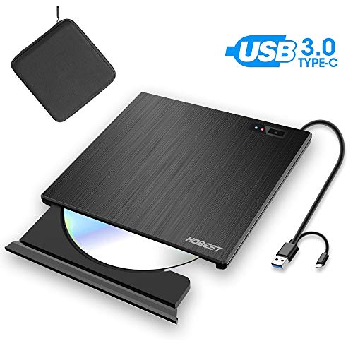 Product Cover External CD DVD Drive, Hobest Portable USB-C & USB 3.0 CD DVD +/-RW ROM Burner/Writer Optical Drive, High Speed Data Transfer for PC Laptop Desktop MacBook Mac Windows (with Protective Carrying Case)