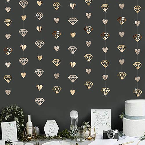 Product Cover 52Ft Champagne Gold Diamond Heart Hanging Banner Double Sided Glitter Metallic Paper Garland for Bachelorette Engagement Wedding Bridal Shower Anniversary Valentines Day Party Decoration (4 Packs)