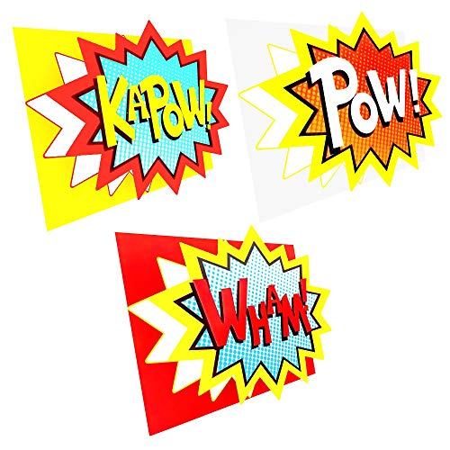Product Cover Superhero Word Cutouts (Pack of 6) - No Bent Corners Due to Protective Packaging - Action Sign Cut-Out for Superhero Themed Birthday Party & Photo Booth Props - Boom, BAM, ZAP, Kapow, POW, Wham