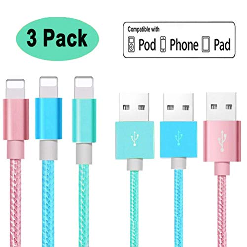Product Cover YoRoucI Phone Charger Cable 3 Pack 6ft Nylon Braided Charger Cable and Data Sync Cable Compatilble with Phone XR XS XS Max X 8 8 Plus 7 7 Plus 6 6s Plus SE 5 5s 5c Pad Pod Pink Green Blue