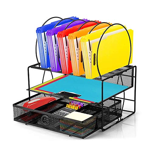 Product Cover Callas Mesh Desk Organizer with Sliding Drawer, Double Tray and 5 Upright File Rack, CA17016