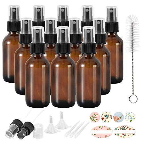 Product Cover 12 Pack 2oz 60 ml Amber Glass Spray Bottles with Fine Mist Sprayer & Dust Cap for Essential Oils, Perfumes,Cleaning Products.Included 1 Brush,2 Extra Sprayers,2 Funnels,3 Droppers & 24 Labels.