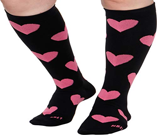 Product Cover Wide Calf Compression Socks - Graduated 15-25 mmHg Knee High Heart Love Pattern Plus Size Support Stockings (Black w/Pink Hearts, M/L)