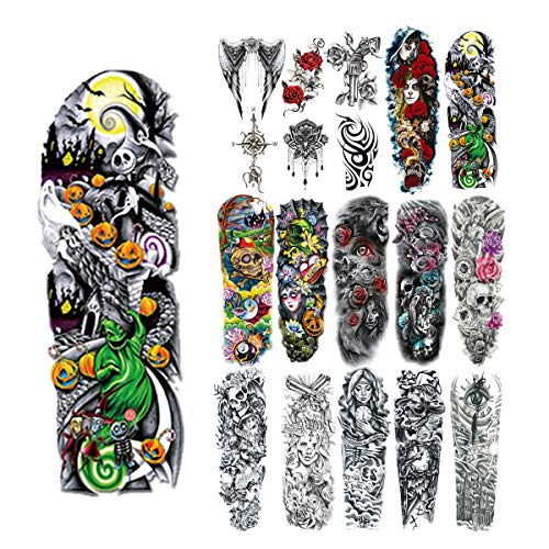 Product Cover 18 Pcs Full Arm Temporary Tattoo Stickers, Waterproof Temporary Tattoo,Black Body Tattoo Stickers For Women,Men,Halloween,Party,Masquerade
