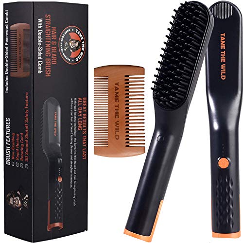 Product Cover Tame's Easy Glide Beard Straightener - Fast Anti-Scald Beard Straightening Comb - Ceramic Heated Beard Brush - 3 Temperature settings - Bonus Double Sided Detangle Comb Included - Gift Set