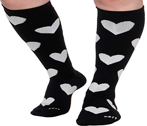 Product Cover Wide Calf Compression Socks - Graduated 15-25 mmHg Knee High Heart Love Pattern Plus Size Support Stockings (Black w/White Hearts, M/L)
