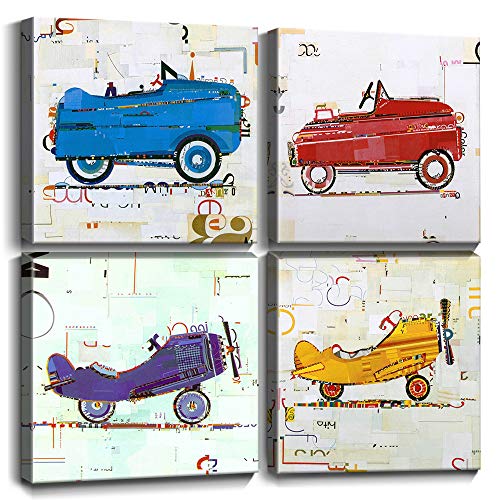 Product Cover Wall Art for Boys Room Kids Gifts Wall Decor Cute Cartoon Cars Airplane Canvas Prints Hand Painted Style Painting Pictures Framed Artwork Children's Playroom Home Decoration Set of 4 Panels 12