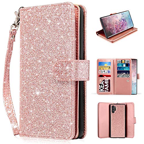 Product Cover Newseego Compatible with Samsung Galaxy Note 10+ Plus/5G Leather Case,Glitter Faux PU Magnetic Multi-Card Slot Cash Protective Case Detachable 2 in 1 Wallet Cover with Wrist Strap-Rose Gold