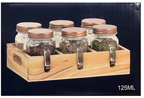 Product Cover Famacart Kitchen Spice Rack Masala Jar Glass Spice Jars Dispenser with Wooden Holder/Mason Jar with Handle_125 ML(Pack of 6)