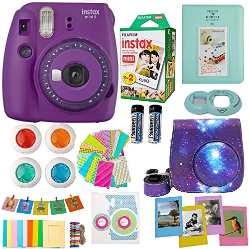 Product Cover Fujifilm Instax Mini 9 Camera (USA) + Accessories kit for Fujifilm Instax Mini Camera Includes Instant Camera + Fuji Instax Film (20 PK) Case + Frames + Selfie Lens + Album and More (Purple)