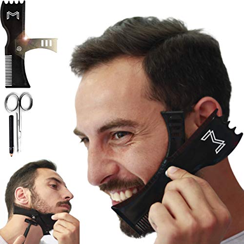 Product Cover Adjustable Beard Shaping Tool with Comb and Styling Template - Beard Lineup Tool & Edger for Men with Personality - Works with All Electric Trimmers, Razors or Clippers - B0NUS Round-Edge Scissors