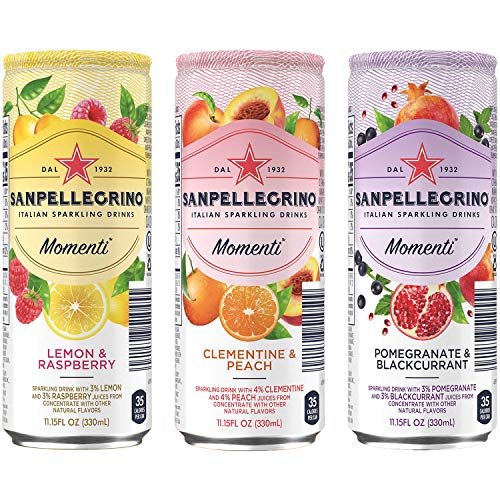 Product Cover San Pellegrino Momenti, Clementine & Peach, Lemon & Raspberry, Pomegranate & Blackcurrant - Variety Pack, 11.15 Fl Oz Tall Can (12-Pack Variety, Total of 133.8 Fl Oz)