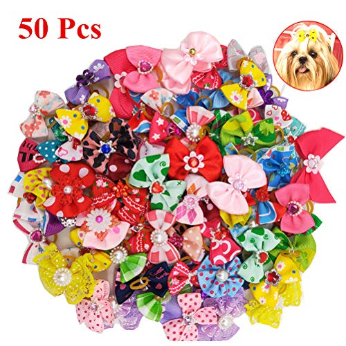 Product Cover POPETPOP 50pcs Dog Bows with Rubber Bands-Pet Cat Dog Hair Bows Multicolor Rhinestone Beads Flowers Topknot Puppy Bows(Mixed Color)