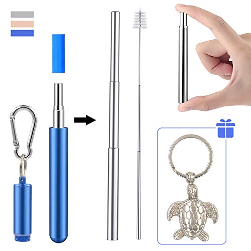 Product Cover Numola Telescopic Reusable Straws, Portable Metal Straw with Sea Turtle Keychain&Cleaning Brush, Save The Turtle Straw for Travel, Home,Office(Blue)