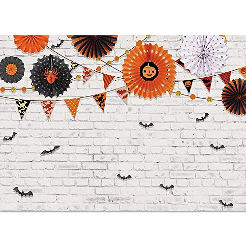 Product Cover Allenjoy 7x5ft White Brick Wall Halloween Backdrop Pinwheel Flying Bats Photography Background Boys Girls Birthday Trick or Treat Party Banner Newborn Baby Shower Party Decors Cake Table Photo Props