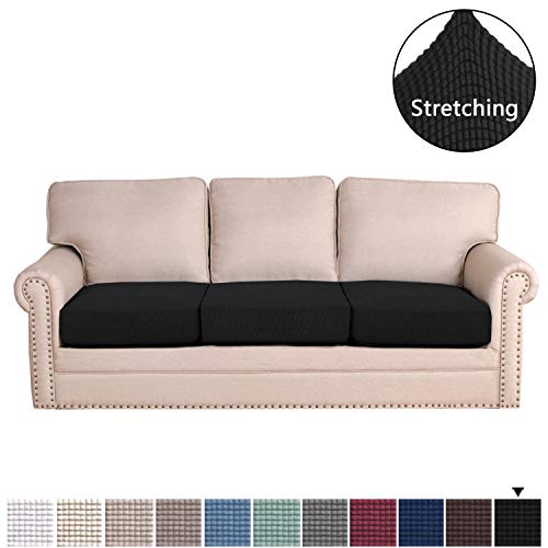 Product Cover H.VERSAILTEX Super Stretch Stylish Cushions Covers/Furniture Cover Spandex Jacquard Small Checked Pattern Super Soft Slipcover Washable Individual (3-Piece Sofa Cushion Large Size, Black)