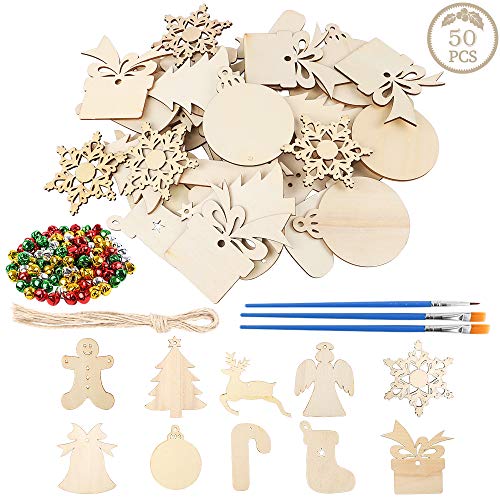 Product Cover AGEOMET 50pcs Christmas Wooden Ornaments Unfinished Wood Slices 10 Shapes Craft Wood Kit for Crafts Christmas Ornaments Hanging Decoration with 100 Bells 3 Pens 50 Twines
