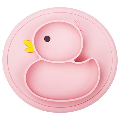 Product Cover Qshare Toddler Plates, One-Piece Baby Plate for Toddlers and Kids, BPA-Free FDA Approved Strong Suction Plates for Toddlers, Dishwasher and Microwave Safe Silicone Placemat (1-DuckPink)