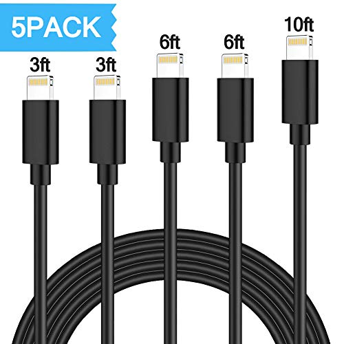 Product Cover iPhone Charger Long Lightning Charging Cable Fast iPhone Cable MFI Certified Lightning Charger 5 Pack 3/6/10FT Durable USB iPhone Cord Compatible iPhone XS/Max/XR/X/8/8P/7P/6S/iPad/iPod/IOS (Black)